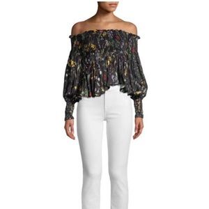 ALEXIS Intermix *Elsa* black floral smocked off shoulder boho blouse top XS